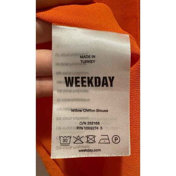 WEEKDAY Willow Chiffon Blouse Bright Orange Sheer Tie Front Resort Top Travel - Picture 7 of 12